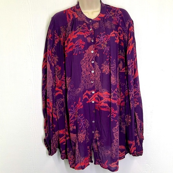 Free People - Peacock Feather Pattern Purple Button Down Long Sleeve Blouse SM - Picture 2 of 11
